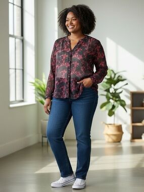 🌻 George Vibrant Red and Black Sheer Blouse #543